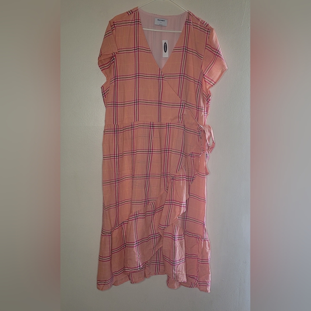 NWT Old Navy Dress Womens XXL Pink Orange Plaid Ruffle Fauz Wrap Picnic Summer